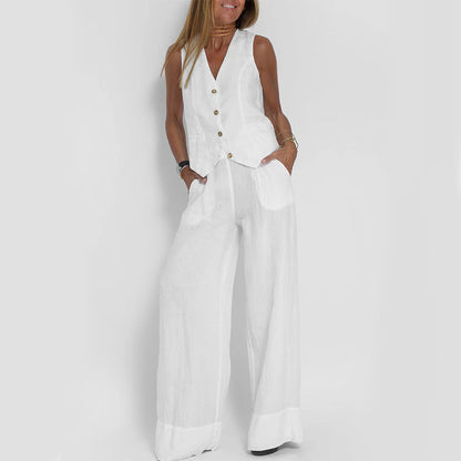 Conjunto de Chaleco y Pantalón de Lino y Algodón Loom & Soul™ para Mujer – Top sin Mangas con Cuello en V y Pantalones Rectos Sueltos