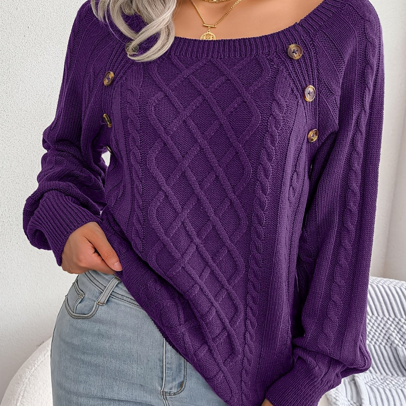 Jersey texturizado de mujer con manga farol – Top de punto con detalles de botones