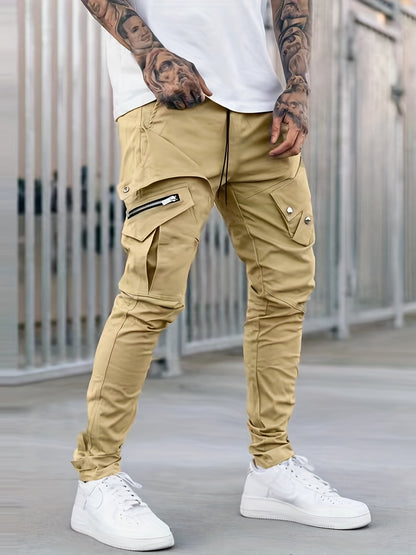 Men’s Black Cargo Pants – Multi-Pocket Drawstring Streetwear Trousers