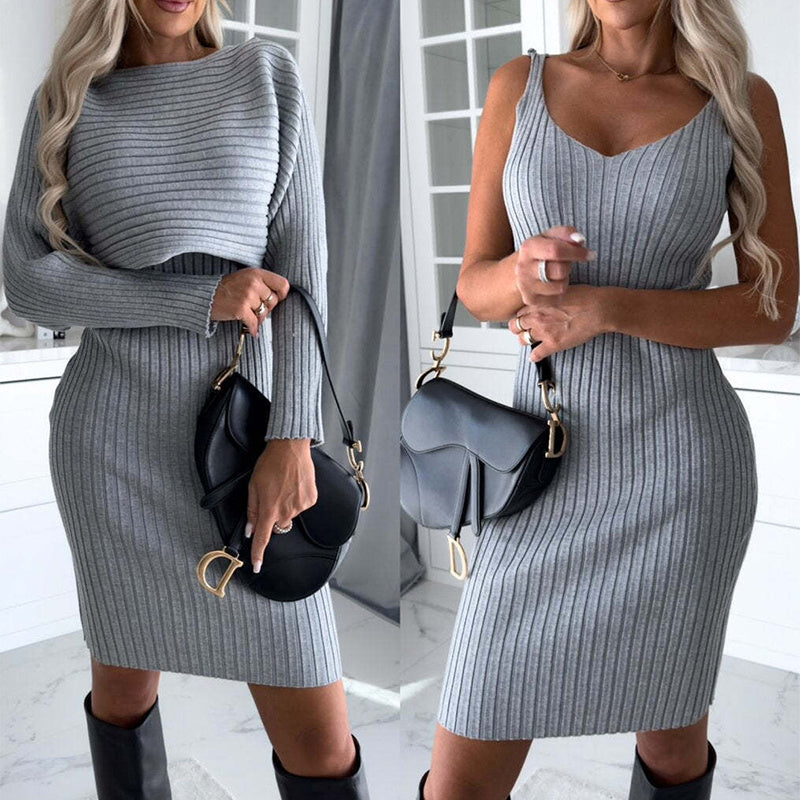 Conjunto de 2 piezas Loom & Soul para mujer – Top a rayas de manga larga y falda de tirantes ajustada, elegante atuendo de otoño/invierno