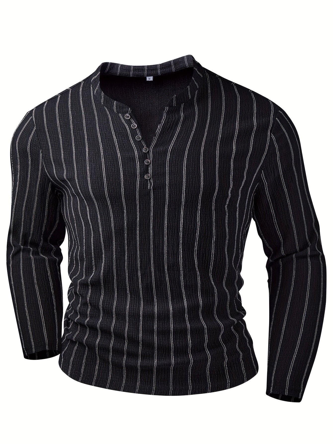 Camisa Henley de manga larga a rayas para hombre – Pulóver casual con botones