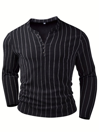 Camisa Henley de manga larga a rayas para hombre – Pulóver casual con botones