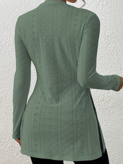 Elegante Top de Manga Larga con Bajo Hendido – Camiseta de Ojal de Cuello Redondo