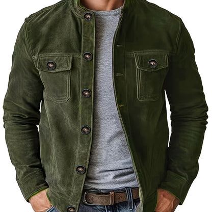 Chaqueta de ante sintético para hombre – Abrigo informal con cuello alto y botones