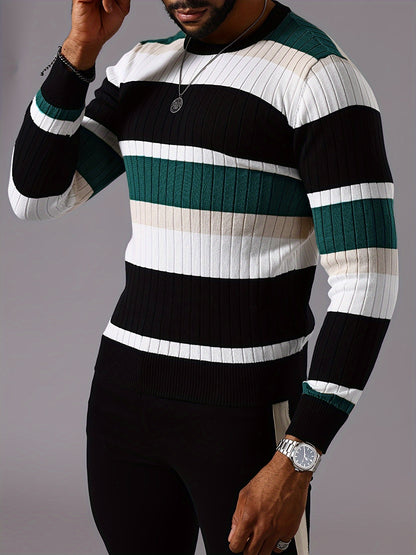 Pull rayé en tricot côtelé pour homme – Pull Color Block Automne Hiver