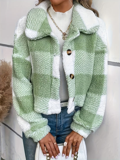 Abrigo de cuadros de borreguito para mujer – Abrigo de invierno cálido de manga larga con botones