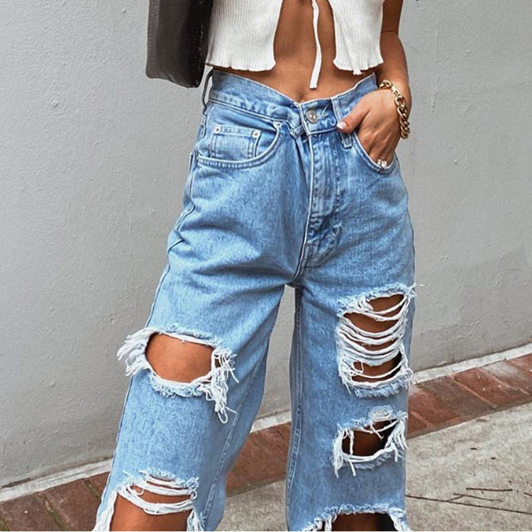 Jean en denim lavé classique Loom & Soul™ – Pantalon femme taille mi-haute coupe droite avec détails effilochés