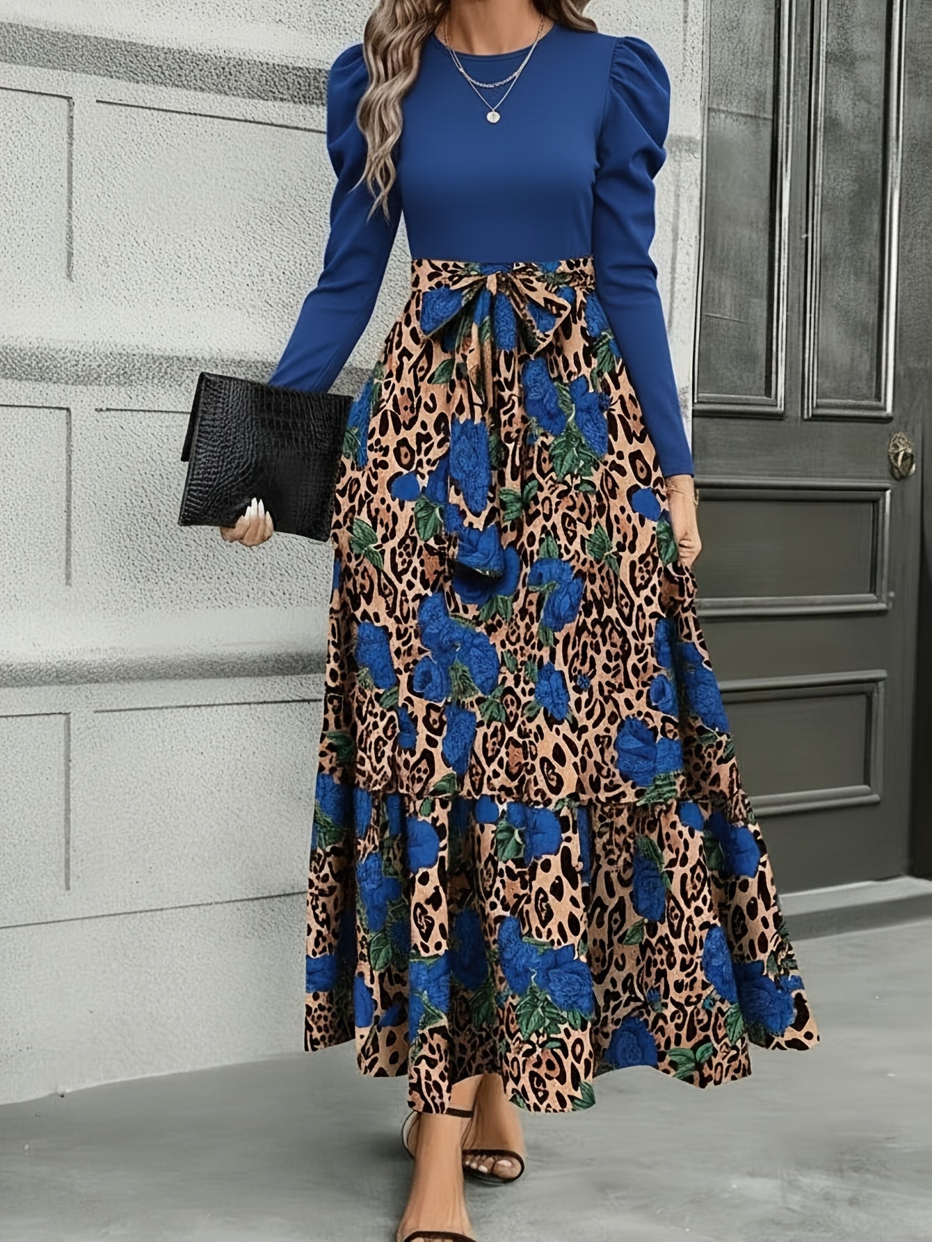 Vestido con estampado de leopardo y retazos con lazo en la cintura – Vestido entallado de manga larga elegante