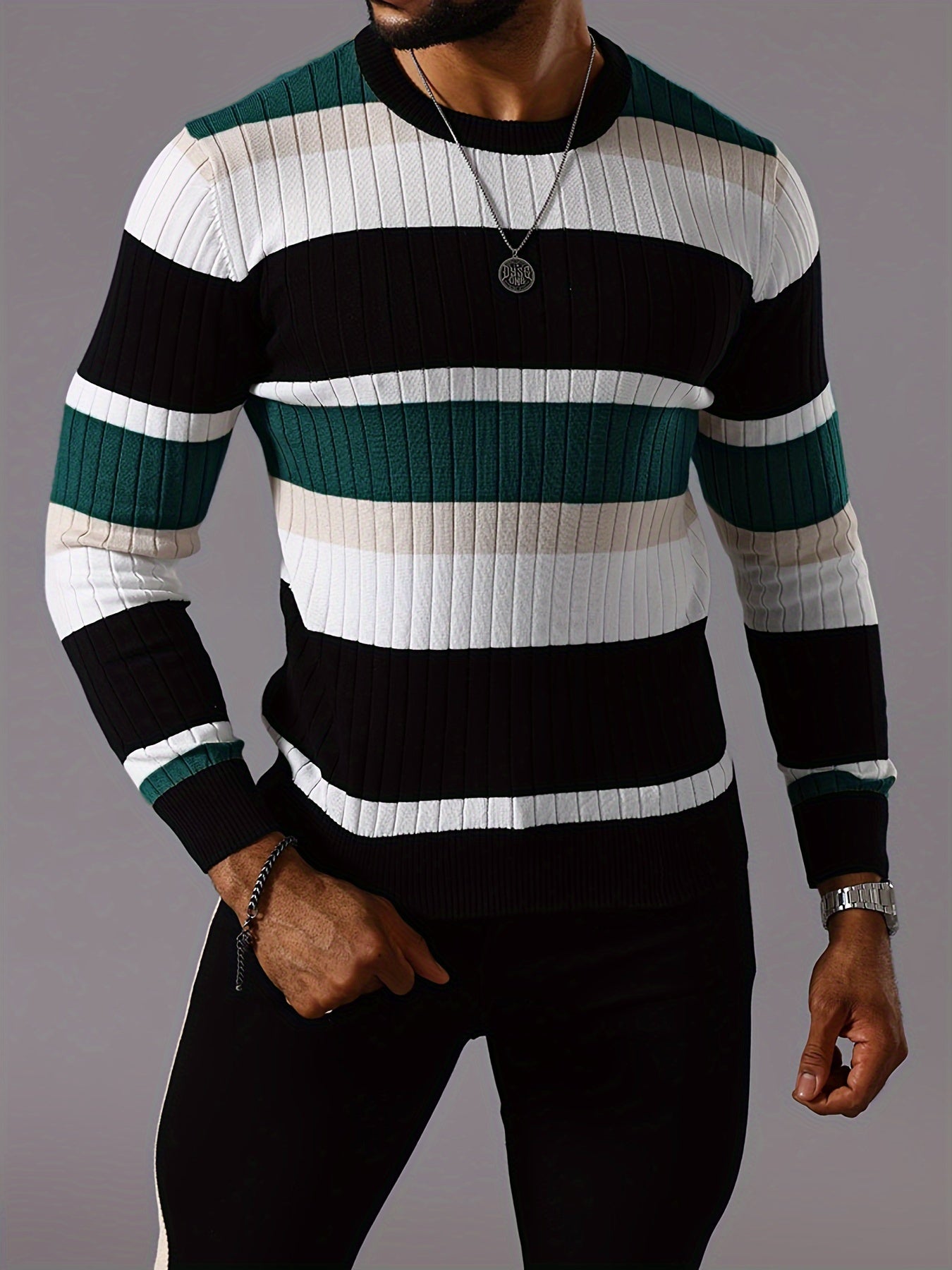 Pull rayé en tricot côtelé pour homme – Pull Color Block Automne Hiver