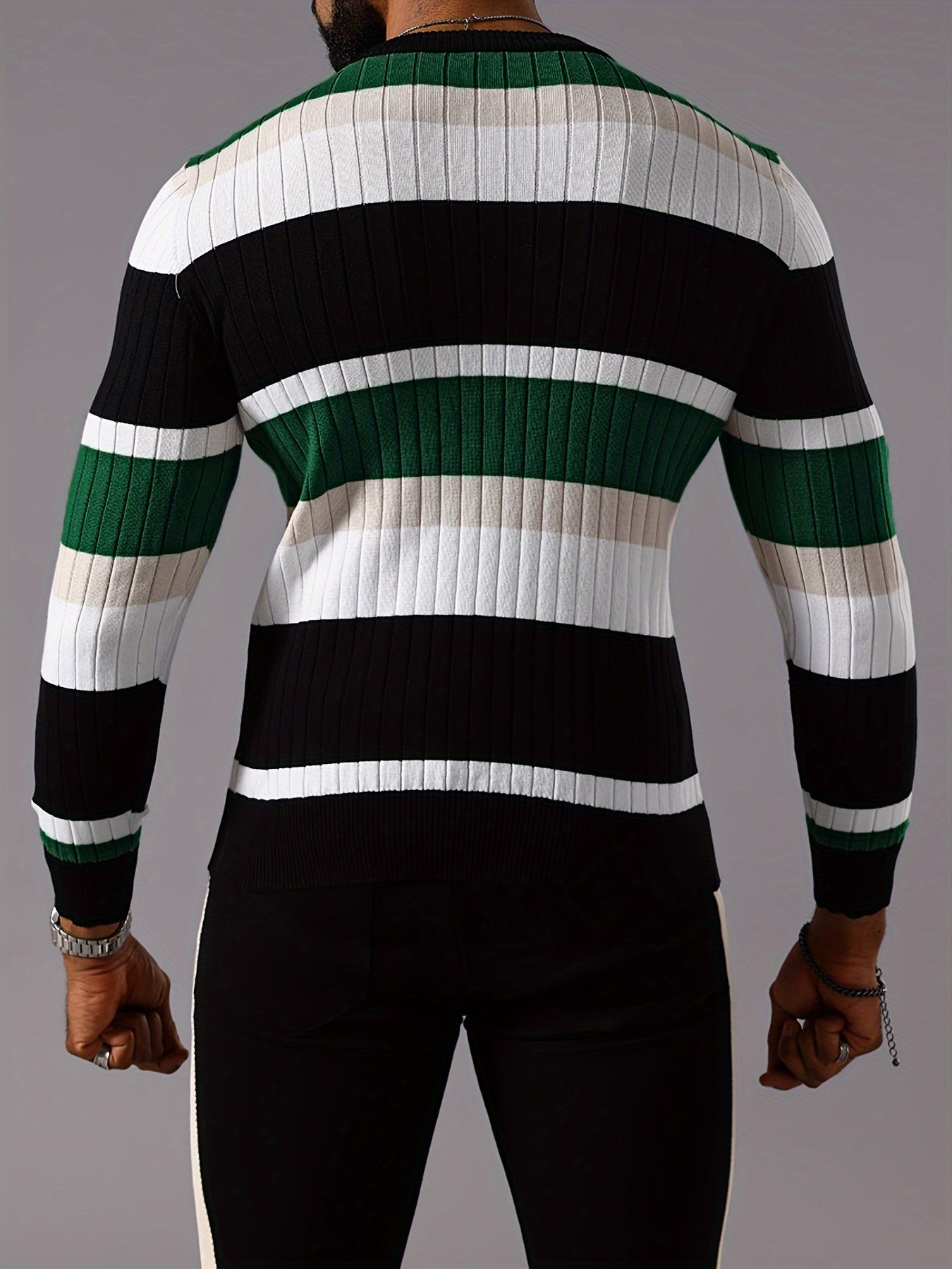 Pull rayé en tricot côtelé pour homme – Pull Color Block Automne Hiver