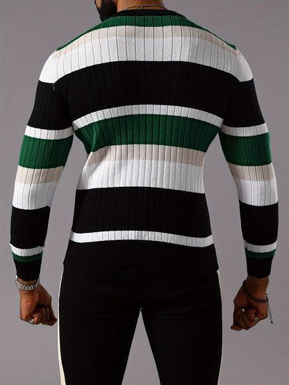 Pull rayé en tricot côtelé pour homme – Pull Color Block Automne Hiver