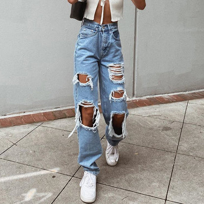 Jean en denim lavé classique Loom & Soul™ – Pantalon femme taille mi-haute coupe droite avec détails effilochés