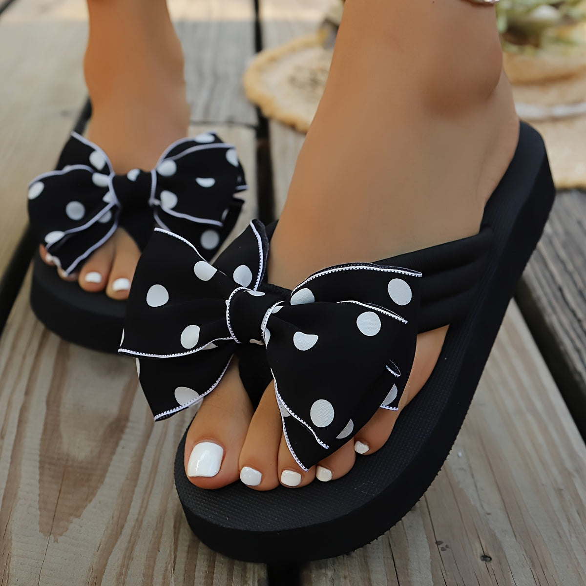 Polka Dot Bow Flip Flops – Lightweight Comfort Slip-On Sandals