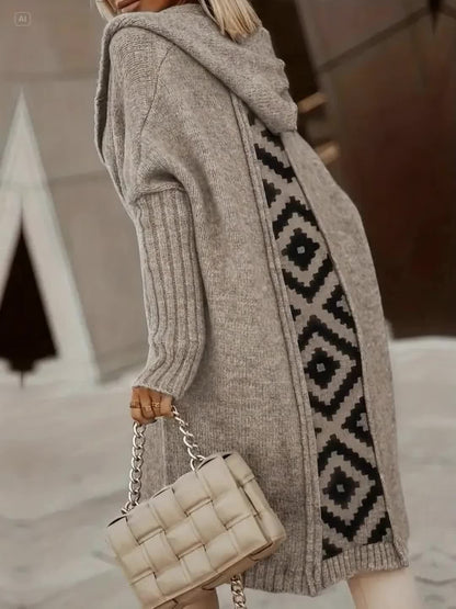 Letter Print Hooded Cardigan – Women’s Long Knit Autumn/Winter Sweater