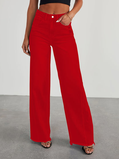 Pantalones vaqueros de mujer de talle alto y pernera ancha – Vaqueros elásticos informales holgados