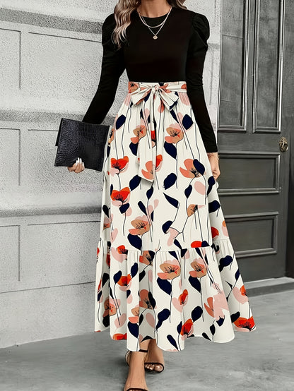 Vestido largo con lazo en la cintura y estampado floral en azul marino – Elegante vestido retro con corte ajustado y falda acampanada