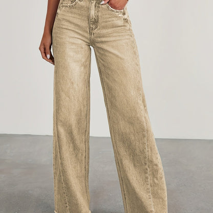 Pantalones vaqueros de mujer de talle alto y pernera ancha – Vaqueros elásticos informales holgados