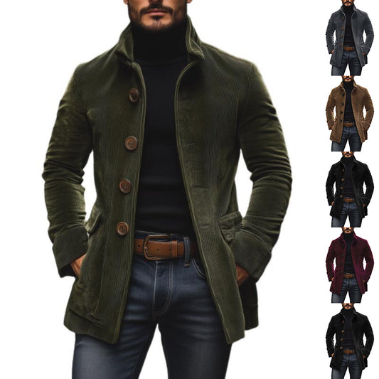 Chaqueta de pana para hombre con cuello alto – Abrigo casual ajustado con botones
