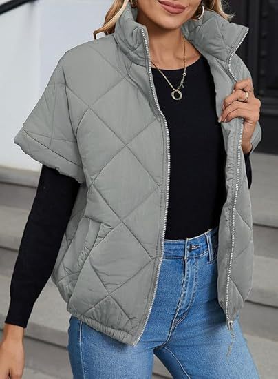 Women’s Diamond Quilted Zip Jacket – Casual Warm Pocket Coat