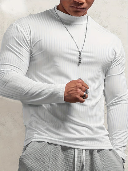 Camiseta de manga larga ajustada acanalada para hombre – Camiseta deportiva con cuello alto