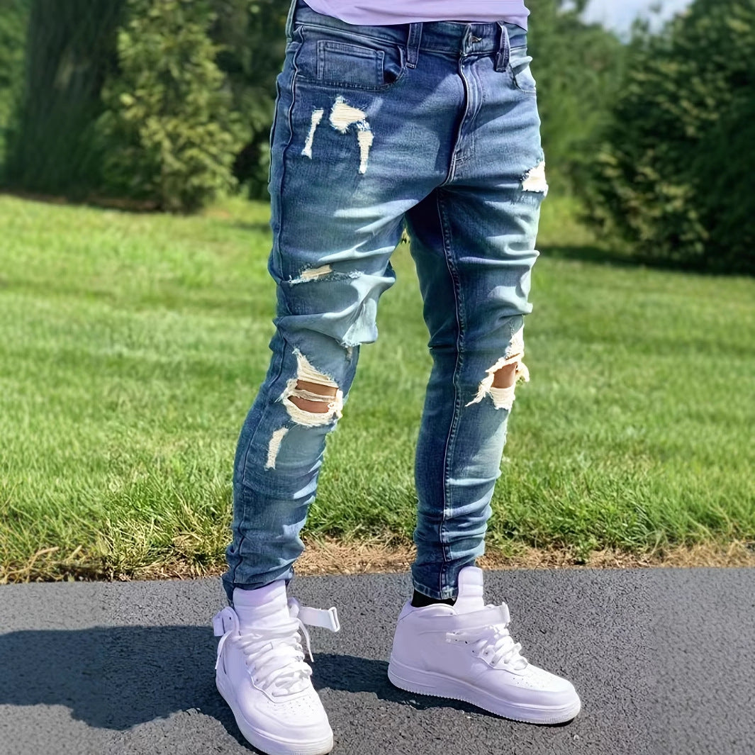 Pantalones vaqueros rectos rasgados para hombre – Pantalones vaqueros elásticos de estilo urbano