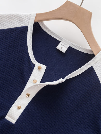 Chemise Henley gaufrée pour homme – Haut boutonnée toutes saisons blanc et noir