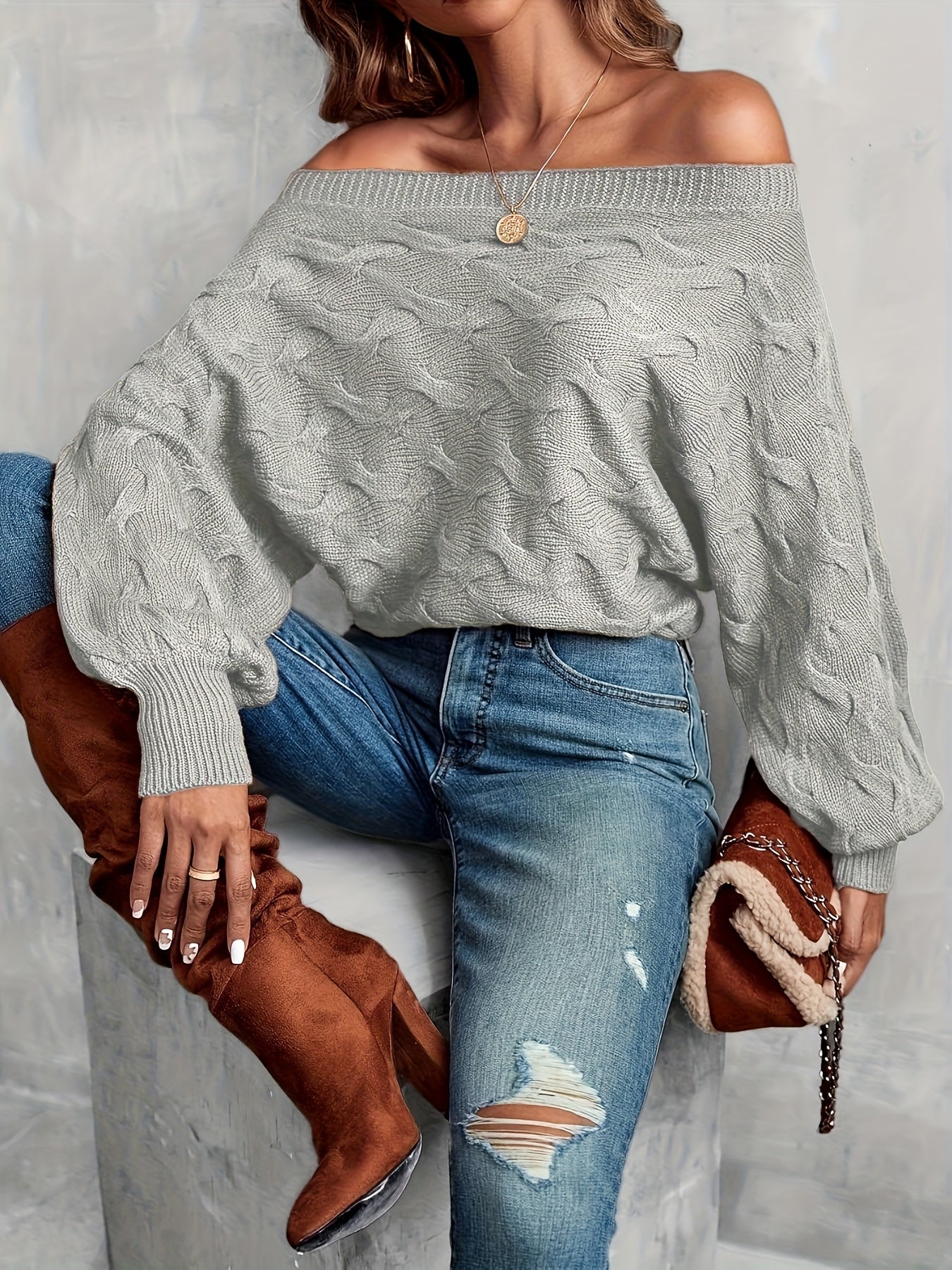 Suéter murciélago para mujer con hombros descubiertos – Tejido holgado para todas las estaciones