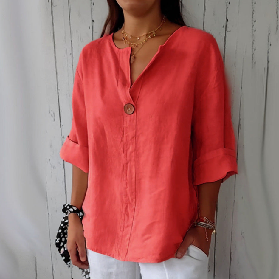 Loom & Soul™ Top de botones con cuello en V de algodón y lino para mujer – Blusa suelta de manga larga