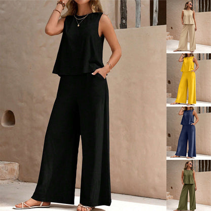 Conjunto de lino de dos piezas para mujer – Top sin mangas y pantalón holgado