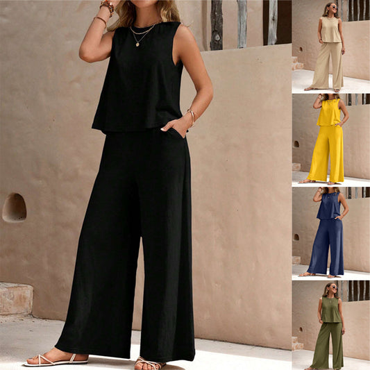 Conjunto de lino de dos piezas para mujer – Top sin mangas y pantalón holgado