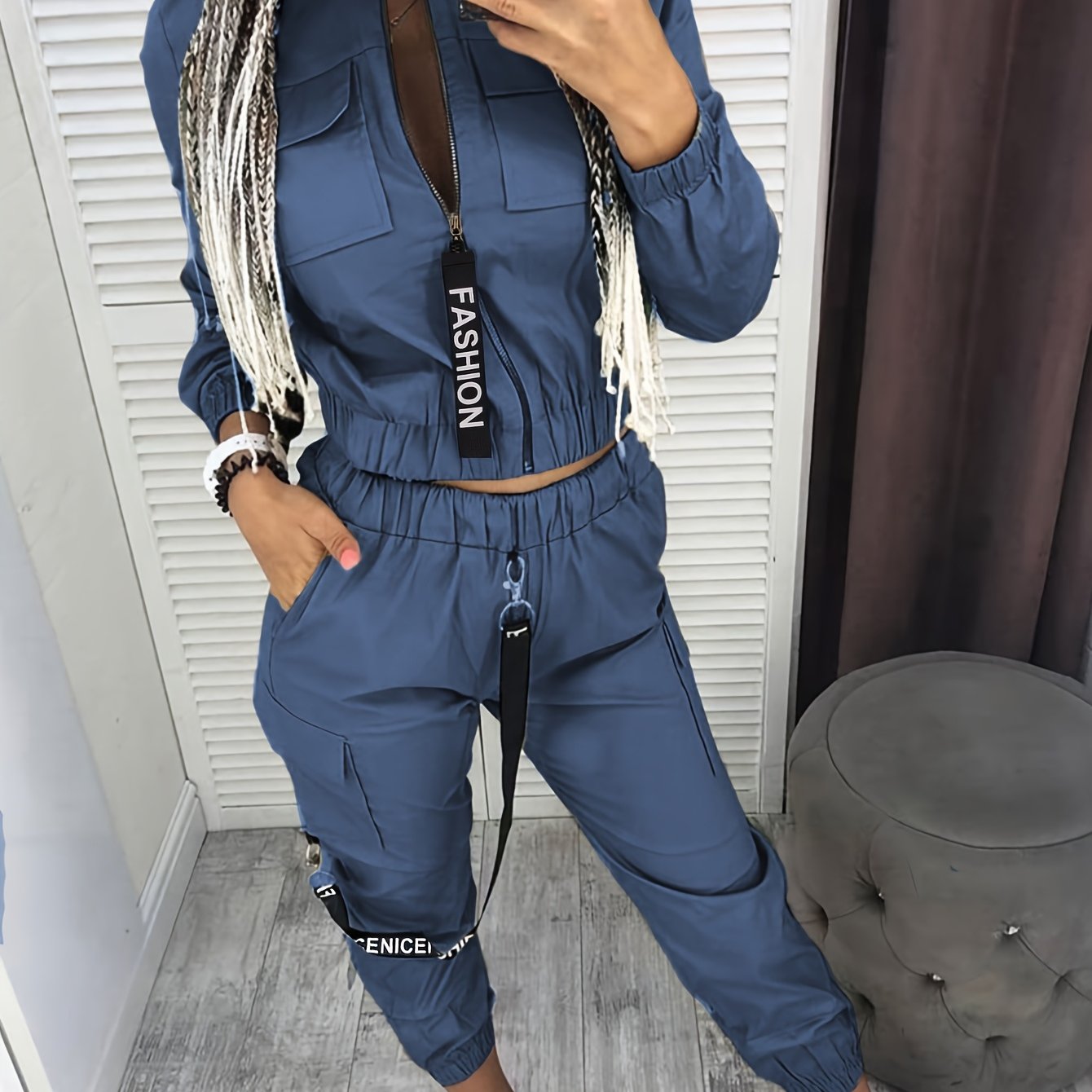 Conjunto de dos piezas con cremallera y diseño direccional – Ropa urbana informal para mujer