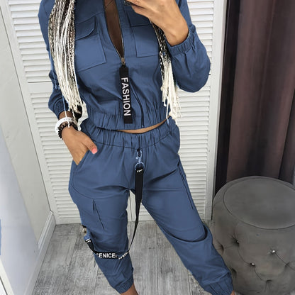 Conjunto de dos piezas con cremallera y diseño direccional – Ropa urbana informal para mujer