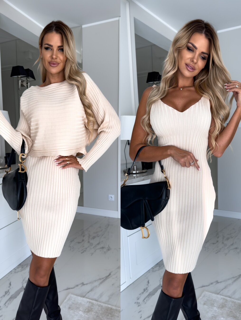 Conjunto de 2 piezas Loom & Soul para mujer – Top a rayas de manga larga y falda de tirantes ajustada, elegante atuendo de otoño/invierno