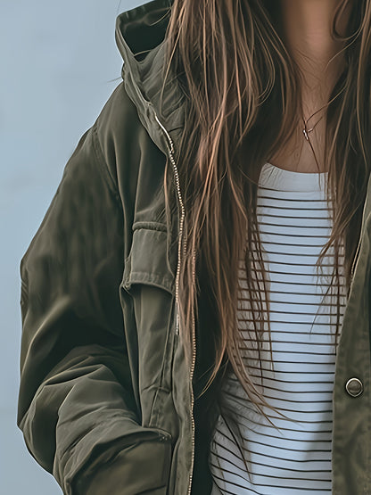 Chaqueta con capucha para mujer de alta resistencia en color verde oliva – Abrigo de trabajo grueso para todas las estaciones