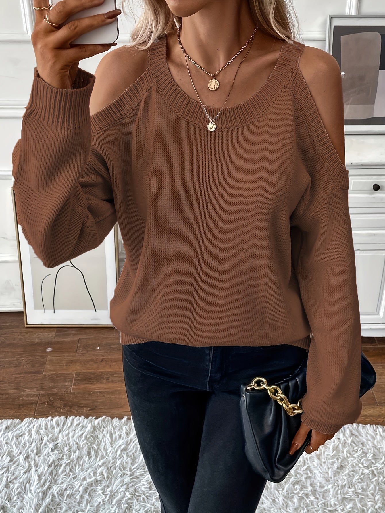 Suéter de punto suave para otoño/invierno con cuello redondo elegante para mujer