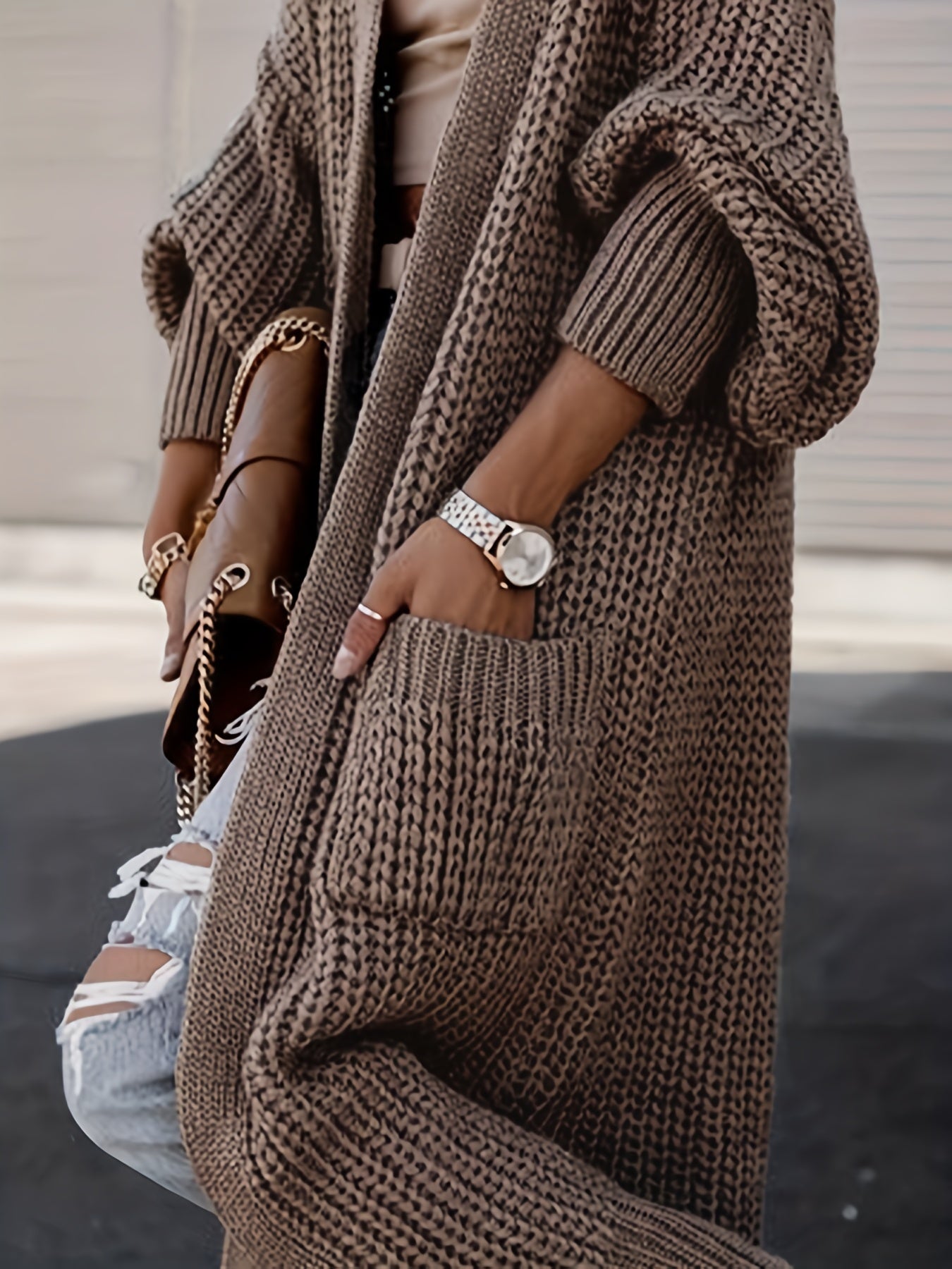 Elegante cárdigan acanalado con cuello en V profundo – Suéter de punto de otoño/invierno para mujer