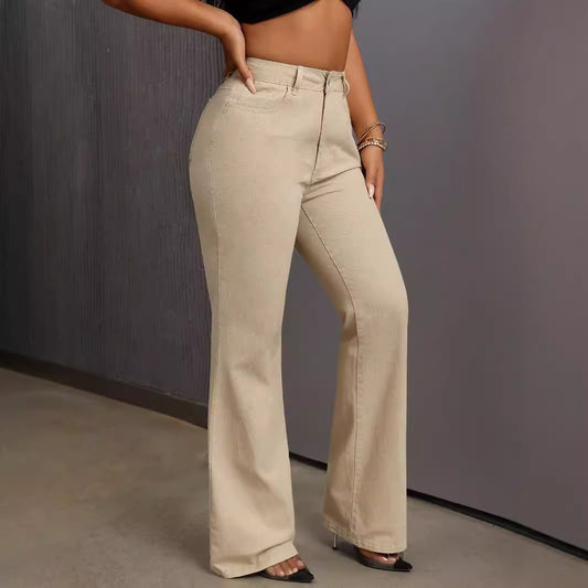 Pantalones vaqueros de mujer largos hasta el suelo de talle medio con cintura elástica – Denim urbano