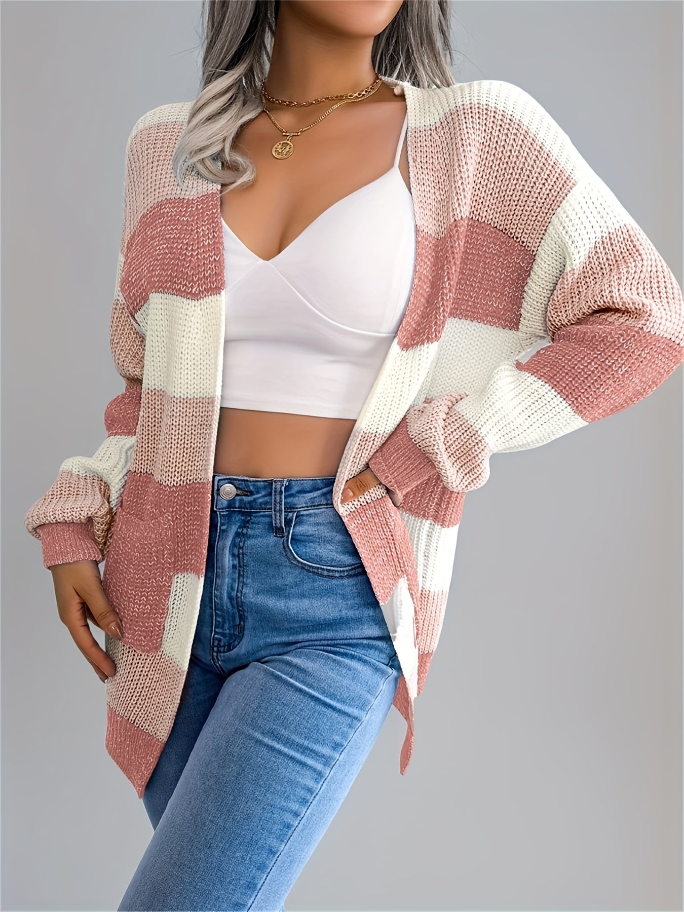 Women’s Color block Striped Cardigan – Puff Sleeve Winter Knit Sweater