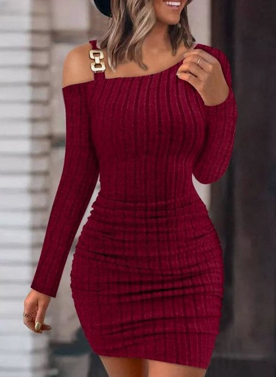 Metal Buckle Shoulder Bodycon Dress – Elegant Long Sleeve Sheath Dress