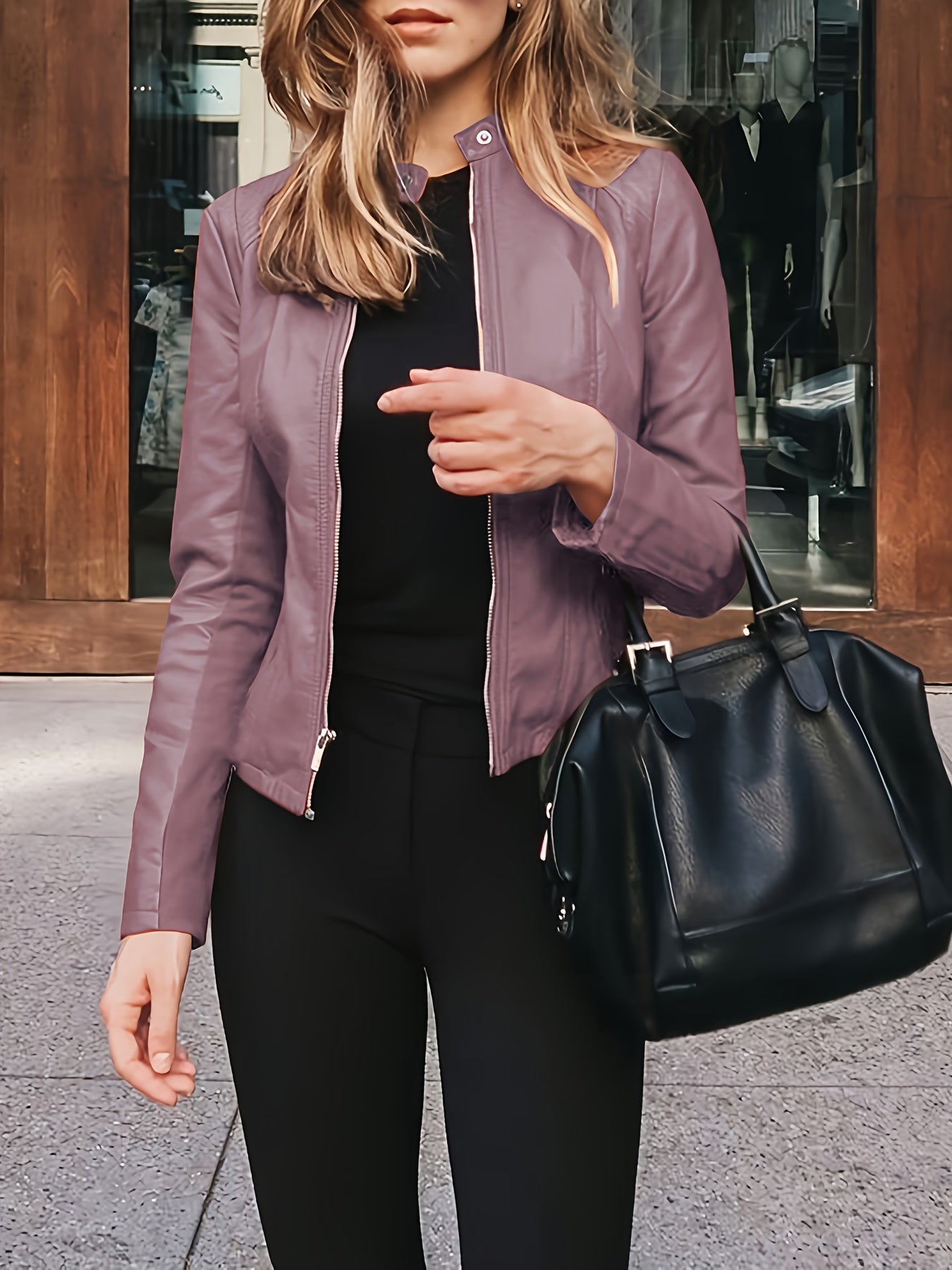 Chaqueta estilo motera de piel sintética – Corte entallado con cremallera