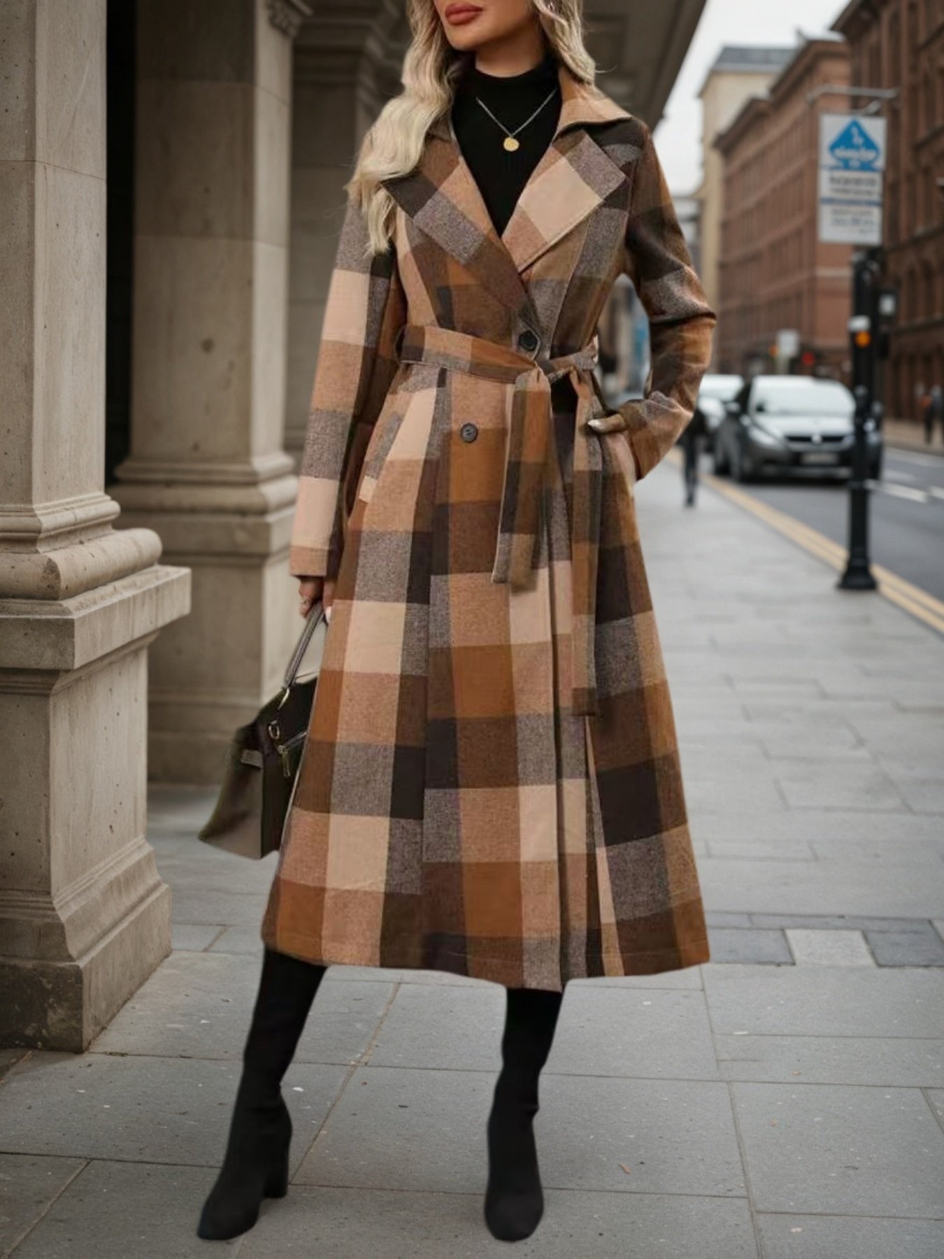 Women’s Lapel Wool-Blend Windbreaker – Lace-Up Double-Breasted Coat