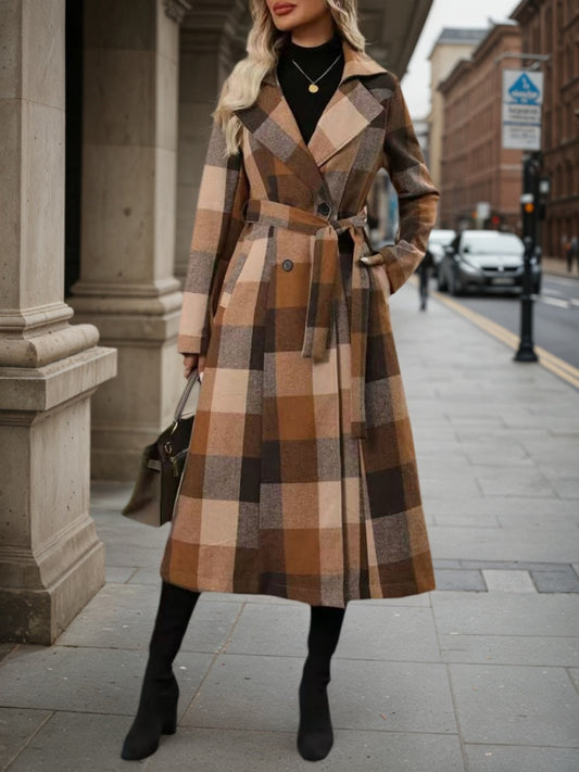 Women’s Lapel Wool-Blend Windbreaker – Lace-Up Double-Breasted Coat