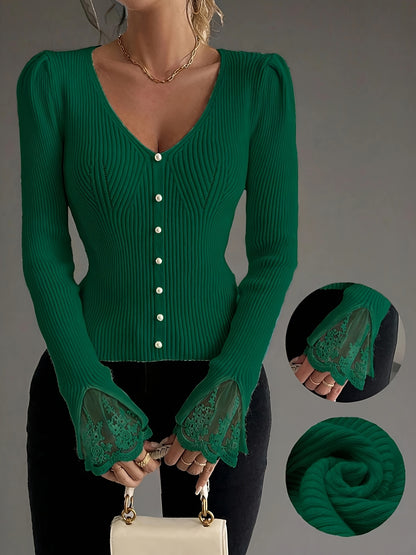 Pull élégant rose à col en V pour femme – Haut en maille côtelée à manches longues