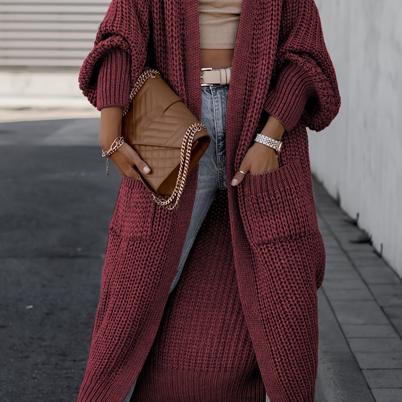 Elegante cárdigan acanalado con cuello en V profundo – Suéter de punto de otoño/invierno para mujer