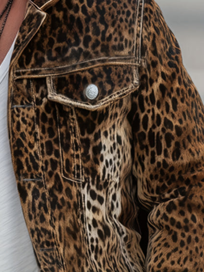 Chaqueta vaquera con estampado de leopardo – Prenda de trabajo holgada de lujo