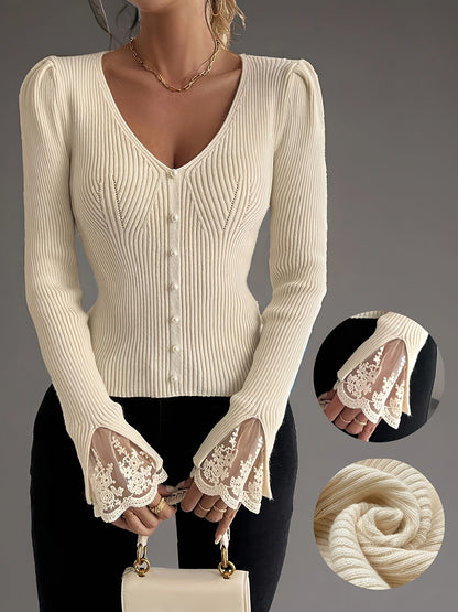 Pull élégant rose à col en V pour femme – Haut en maille côtelée à manches longues