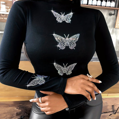 Top con cuello simulado de mariposa y pedrería - Túnica elegante de manga larga ajustada