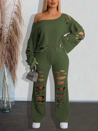 Ensemble 2 pièces femme épaules dénudées délavé – Haut manches longues et pantalon déchiré