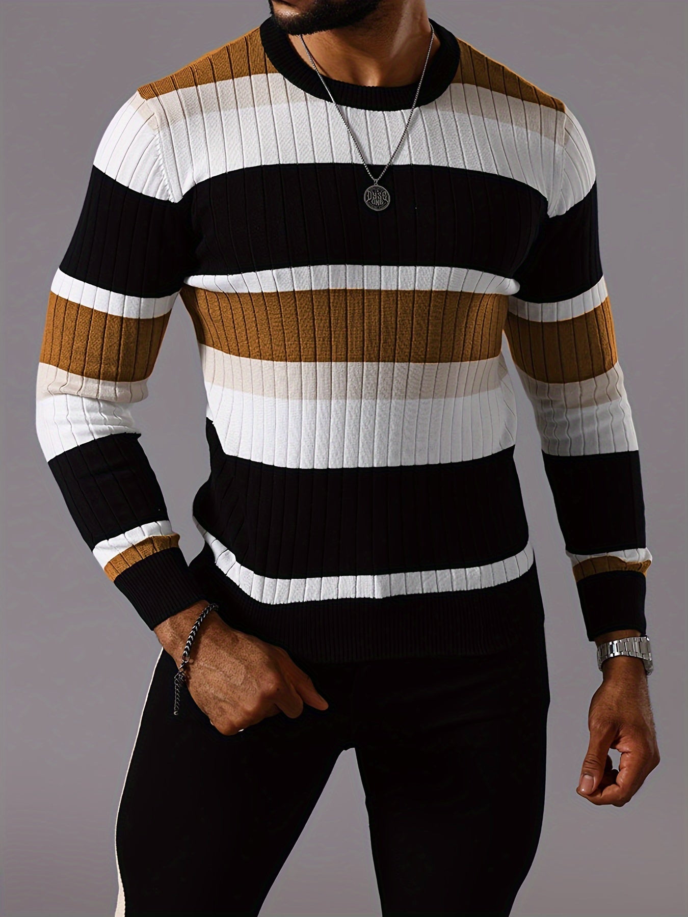 Pull rayé en tricot côtelé pour homme – Pull Color Block Automne Hiver