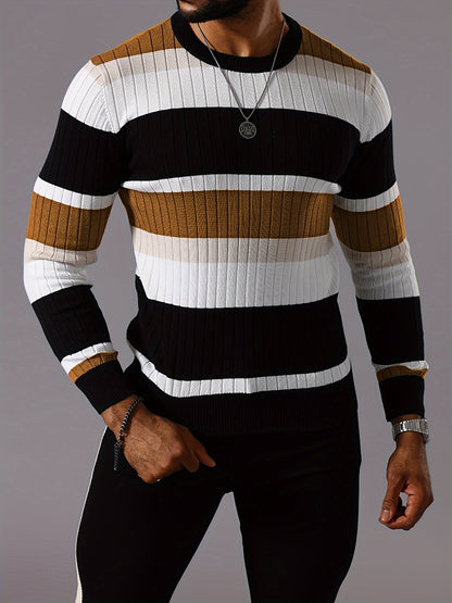 Pull rayé en tricot côtelé pour homme – Pull Color Block Automne Hiver
